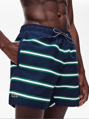 Lacoste Men's Navy Swim Trunks with Green and White Stripes